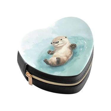 Imagem de Burbuja Linda caixa de joias em formato de coração de lontra mini estojo de joias de viagem para mulheres e meninas, estojo portátil organizador de armazenamento para brincos, anéis, colares e