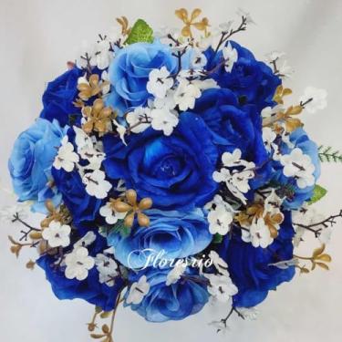 Imagem de Buquê de Noiva Artificial com Flores Coloridas para Casamento Civil ou Religioso(AzulMarinho/AzulClaro/Branco)