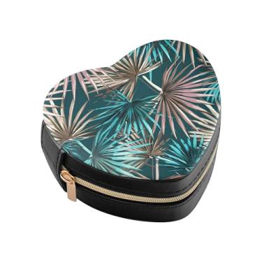 Imagem de Burbuja Caixa de joias em formato de coração com palmeira tropical, mini estojo de viagem para mulheres e meninas, organizador portátil de armazenamento para brincos, anéis, colares e pulseiras