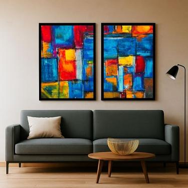 Imagem de Kit 2 Quadros Decorativos Luxo Abstratos Arte Colorida Sala Hall Quarto 80x60 (01, Preto, 80x60)