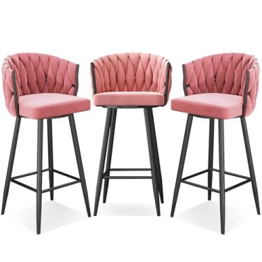 Imagem de Banquetas de bar giratórias modernas de 360°, cadeiras de cozinha estofadas de altura de bar com pernas de aço e apoio para os pés, perna preta rosa, 3 peças