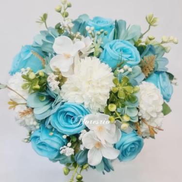 Imagem de Buquê de Noiva Artificial com Flores Coloridas para Casamento Civil ou Religioso(CrisântemoBranco/AzulClaro)