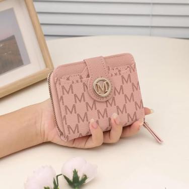 Imagem de Carteira curta feminina estampada com letras | Bolsa compacta de couro PU para vários cartões para estilo ocidental, rosa, Tendência
