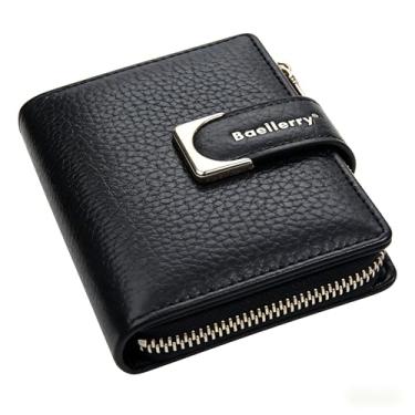 Imagem de Carteira feminina dobrável de couro sintético durável — fecho de pressão, bolso com zíper e vários compartimentos para cartão para transporte diário casual ou diário, Preto, Elegante