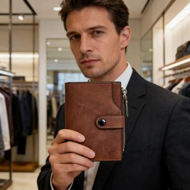 Imagem de Carteira masculina de couro sintético de grande capacidade com bloqueio de RFID com duas janelas para identidade e 15 porta-cartões, Marrom claro, Retrô