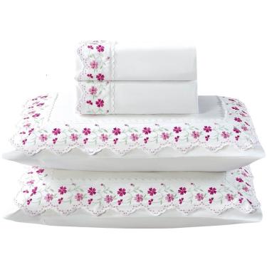 Imagem de Jogo Lençol Queen Flores Bordado 4pç 100% Poliéster - M_Pink