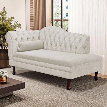 Imagem de Divã Recamier Lavínia Clássico 120cm Capitonê Com Pés De Madeira Linho Bege - Desk Design