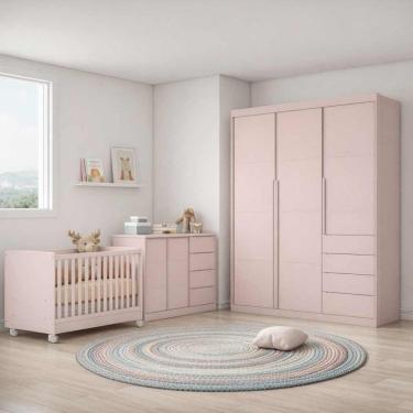 Imagem de Quarto Infantil Completo Pérola com Guarda Roupa 3 Portas, Cômoda 2 Portas e Berço Mini...