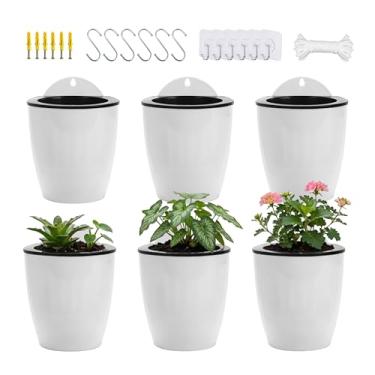 Imagem de Pacote com 6 vasos de plantador para pendurar na parede vertical para jardim e janela pendurar recipiente de plástico redondo para plantas flores suculentas cozinha estar suporte de ervas decoração decoração branco