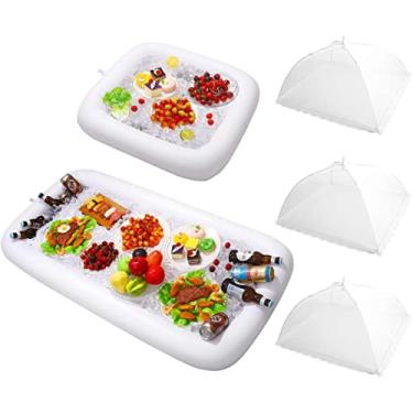 Imagem de Kipviare 2 barras infláveis de servir com plugue de drenagem - bandeja de bufê de salada com cobertura de alimentos de malha para festas internas e externas, piscina, piquenique, Luau