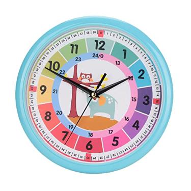 Imagem de Relógio de parede dos desenhos animados, relógio de parede de plástico dos desenhos animados de quartzo colorido para aprender o tempo pendurado para a sala de aula do quarto das crianças(Azul)