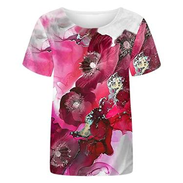 Imagem de Kasituny Camiseta feminina gola redonda manga curta resistente ao encolhimento verão camiseta 3D árvore lago impressão feminina top streetwear, Vermelho, XX-Large, Macia