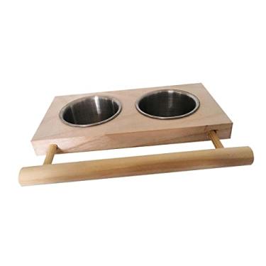 Imagem de Bothyi Copos de prato para alimentação de pássaros, alimentador de gaiola de papagaio de aço inoxidável pendurado e tigela de água com plataforma de madeira para periquitos, calopsitas e pássaros do amor