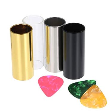 Imagem de Slide, Romacci 4pcs 60 MM de aço inoxidável alto/barras de deslizamento de guitarra de vidro + 3 palhetas de guitarra (cor aleatória) Slides de dedo para guitarra baixo Banjo Ukulele Acessórios para