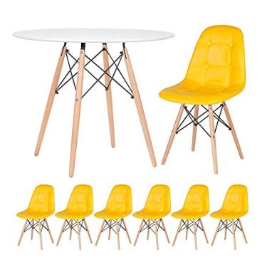 Imagem de Loft7, Kit Mesa Eames 90 cm branco + 6 cadeiras estofadas Eiffel Botonê amarelo