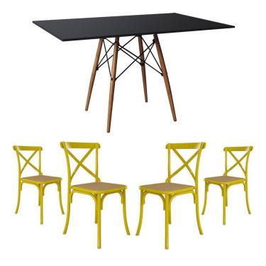 Imagem de Conjunto De Mesa Eiffel Retangular Tampo De Madeira 120X75Cm Preto Com 4 Cadeiras Katrina Amarela