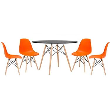 Imagem de Loft7, Kit - Mesa redonda Eames 120 cm preto + 4 cadeiras Eiffel Dsw Laranja