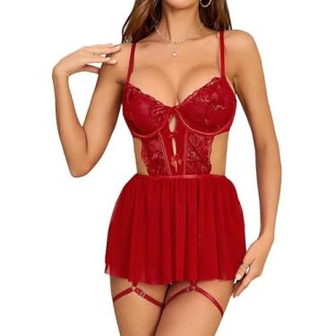 Imagem de WDIRARA Babydoll feminino bordado floral malha dividida lingerie vestido deslizante, Floral Vermelho Escuro, GG