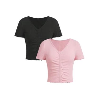 Imagem de BEAUDRM Camiseta feminina de 2 peças com gola V lisa com acabamento de alface franzida manga curta canelada pulôver de ajuste regular, Multicor, 14 Anos