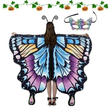 Imagem de Shakven Fantasia de asas de borboleta, fantasia de borboleta de Halloween | Fantasia de Halloween feminina capa de fada feminina - Asas de borboleta de Halloween com máscara e bandana de antena para