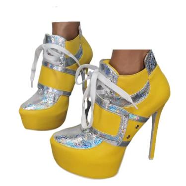 Imagem de Frankie Hsu Bota de salto alto plataforma sexy stiletto, prata glitter amarelo moda moda estilo moderno, sapato de cano curto de designer de tamanho grande com cadarço para mulheres e homens, Amarelo,