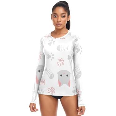 Imagem de KLL Camiseta feminina de secagem rápida com estampa branca de cachorro e gato com estampa Rash Guard FPS 50+, Padrão branco de gato e cachorro, M