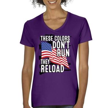 Imagem de Camiseta feminina gola V These Colors Don't Run They Reload 2nd Amendment 2A Don't Tread on Me Second Right Camiseta com bandeira americana, Roxa, G