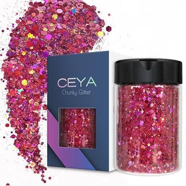 Imagem de Ceya Glitter grosso holográfico 100 g rosa vermelho artesanato glitter pó misto flocos finos iridescentes lantejoulas para unhas Fe para arte de unhas, cabelo, resina epóxi, copos, geleca, pintura, decoração de festivais