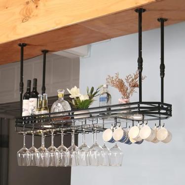 Imagem de Rack de vinho montado no teto e suporte de vidro com luzes, prateleira de vinho industrial ajustável para parede, suporte suspenso para copos de vinho para bar e cozinha (preto 80 x 25 cm)