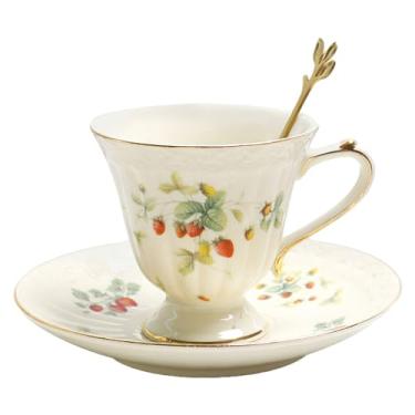 Imagem de Conjunto de xícara de chá e pires de porcelana, caneca de café de cerâmica de 250 ml com pires e colher, xícara de café vintage com acabamento dourado para mãe e dia das mães, padrão retrô de morango