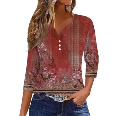 Imagem de Camisetas femininas casuais de verão 2024 manga 3/4 com botão e gola V estampa floral básica para sair, A2 - roxo, P
