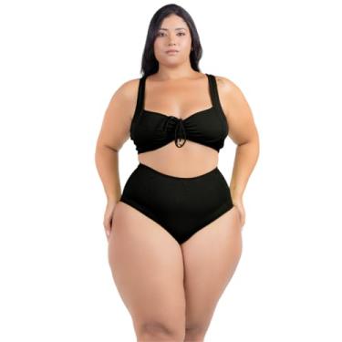 Imagem de Biquíni Plus Size Feminino Bojo Franzido Calcinha Hot Pant Alças Largas Moda Praia Modela Cintura Alta Sustentação (BR, Numérico, 50, Plus Size, Preto)