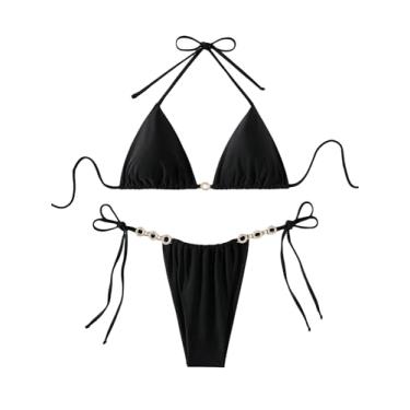 Imagem de GORGLITTER Biquíni feminino de corte alto, com corrente e frente única, triangular, conjunto de biquíni, Preto liso, M