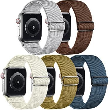 Imagem de Pacote com 5 pulseiras de nylon elástico compatível com Apple Watch SE Ultra 2 1, séries 10, 9, 8, 7, 6, 5, 4, 3, 2 e 1 de 40 mm, 41 mm, 42 mm, 44 mm, 45 mm, 46 mm, 49 mm, 4, 3, 2 e 1 de 40 mm, 40 mm,