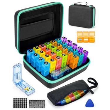 Imagem de Organizador mensal de comprimidos 3 vezes por dia, caixa organizadora de medicamentos Friwole com capa rígida portátil e cortador de comprimidos, caixa de comprimidos para 31 dias com adesivo mensal e