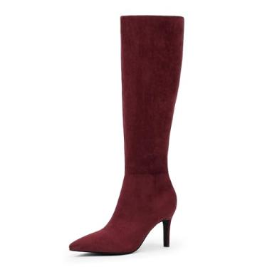 Imagem de Easyfox Botas de cano alto femininas bico fino, salto alto de 7 cm, botas longas com zíper lateral, vestido de cano alto, Camurça vinho, 37