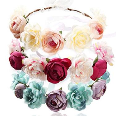 Imagem de REVEW 3 peças de coroa floral, coroa floral, coroa de cabelo de noiva, coroa de casamento halo floral granada, faixa de cabeça com fita para festa de casamento adereços de foto