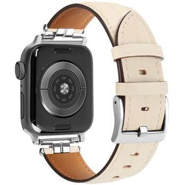 Imagem de mxiixnai Pulseira de couro compatível com Apple Watch séries 10/9/8/7/6/5/4/3/2/1/se (38 mm, 40 mm, 41 mm, 42 mm, branca/prata)