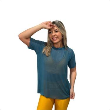 Imagem de Blusa Tule Manga Curta Estampada Feminina Moda Fitness Blusão Traspare
