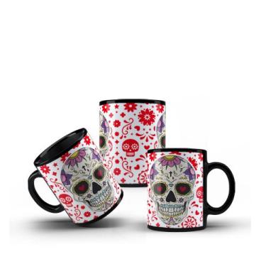 Imagem de Caneca Preta Porcelana Caveira Mexicana + Caixinha - RYLLO