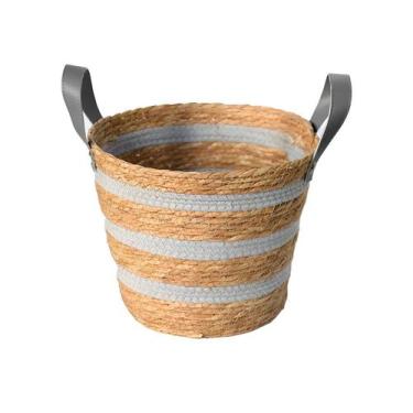 Imagem de Cesto de Fibra Natural C/ Algodão C/ Alça Ø28x22cm p/ Organização Deco