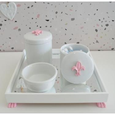 Imagem de Kit Higiene K049 Bandeja MDF Porcelanas Apliques Rosa Quarto Bebê - Ci