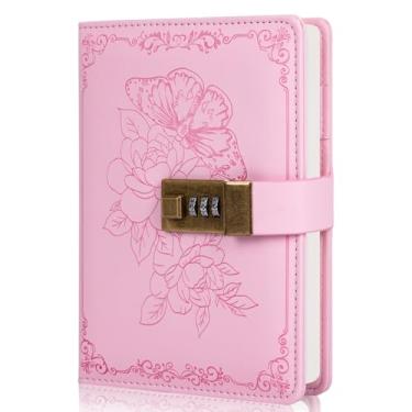Imagem de Diário com cadeado, diário vintage para mulheres e meninas, diário de couro de capa dura para presente, caderno de diário forrado recarregável, 13,2 cm x 18,5 cm, (rosa)