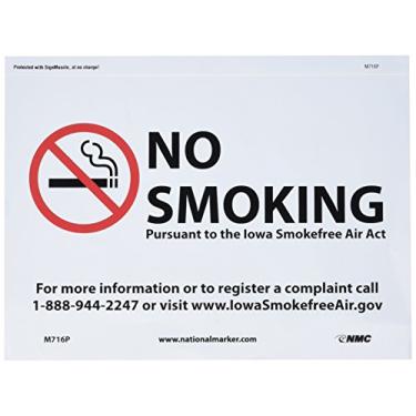 Imagem de NMC Placa de proibição de fumo M716P, legenda "NO SMOKING" com gráfico, 25,4 cm de comprimento x 17,8 cm de altura, vinil sensível à pressão, vermelho/preto sobre branco