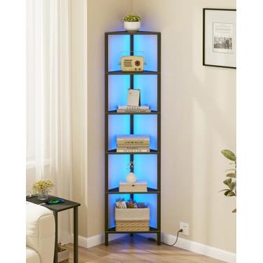 Imagem de TUTOTAK Prateleira de canto com luz LED, estante de canto de 6 camadas para espaço pequeno, suporte de prateleira de canto estreito com rack de armazenamento, para sala de estar, quarto, preto