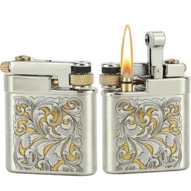 Imagem de DOUBFIVSY Isqueiro vintage, isqueiro recarregável de querosene vintage isqueiro de latão mecânico acendedor de chama suave, coleção de isqueiro legal presente exclusivo para homens pai marido (grama