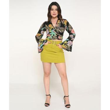 Imagem de Mini Saia de Sarja Com Cinto e Bolso Barra Fio - Razon Jeans, P, Verde