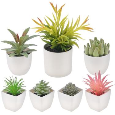 Imagem de Quancru Pacote com 7 plantas falsas pequenas suculentas artificiais sortidas mini suculentas artificiais decoração vegetal para sala de estar, prateleira de escritório