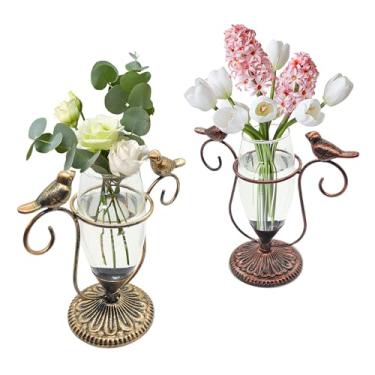 Imagem de POXOHO Pacote com 2 terrários de plantas de mesa, vaso de propagação de vidro com arte de pássaro, vasos de propagação com moldura de metal vintage, adequado para decoração de plantas hidropônicas de