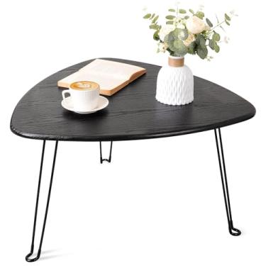 Imagem de Mesa de centro preta dobrável de madeira triangular para sentar no chão, mesa de centro, pequena, oval de meados do século, mesa de sofá central moderna para sala de estar, escritório